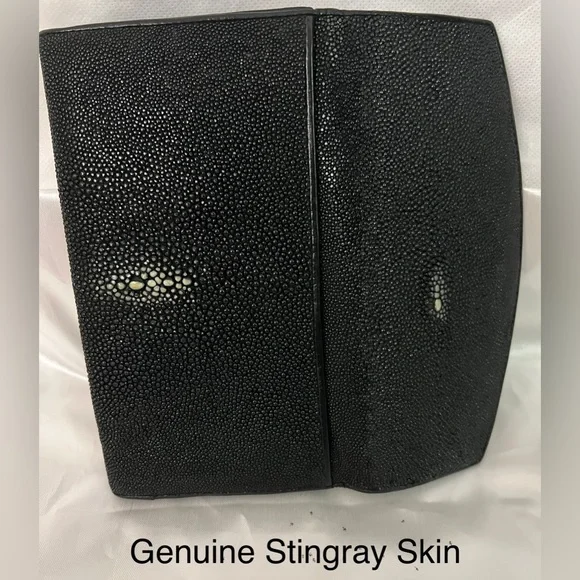 Black Long Wallet Genuine Sparkling Sting Ray Skin Billfold Snap & Zipper - Picture 3 of 8